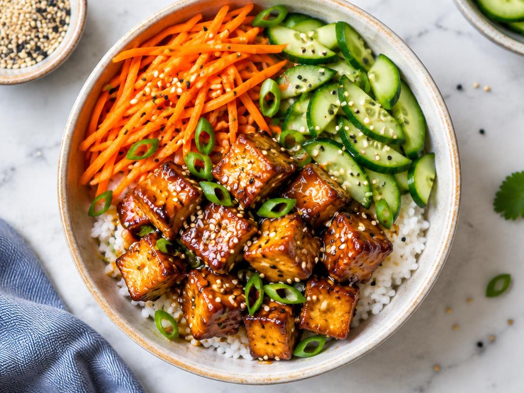 Bowl de Riz au Tofu Caramélisé — recette végétarienne à base de carotte, 6 ingrédients