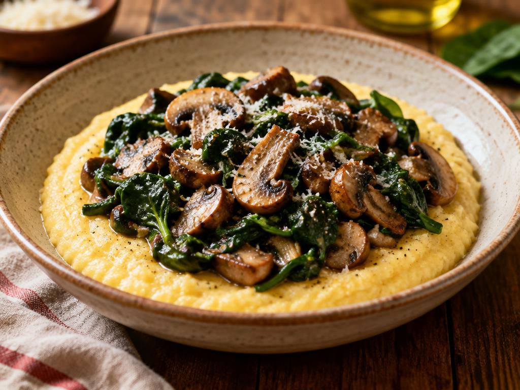 Polenta Crémeuse aux Champignons & Épinards — recette végétarienne à base de champignons, 6 ingrédients