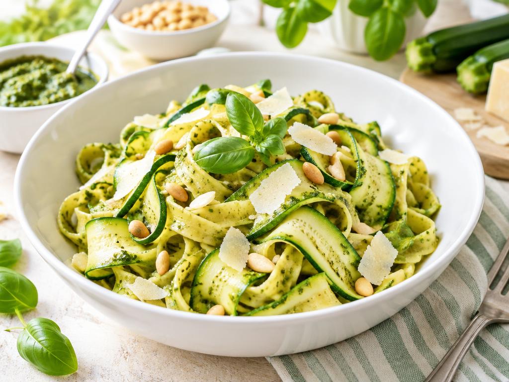 Pâtes au Pesto & Rubans de Courgette — recette végétarienne à base de courgette, 5 ingrédients