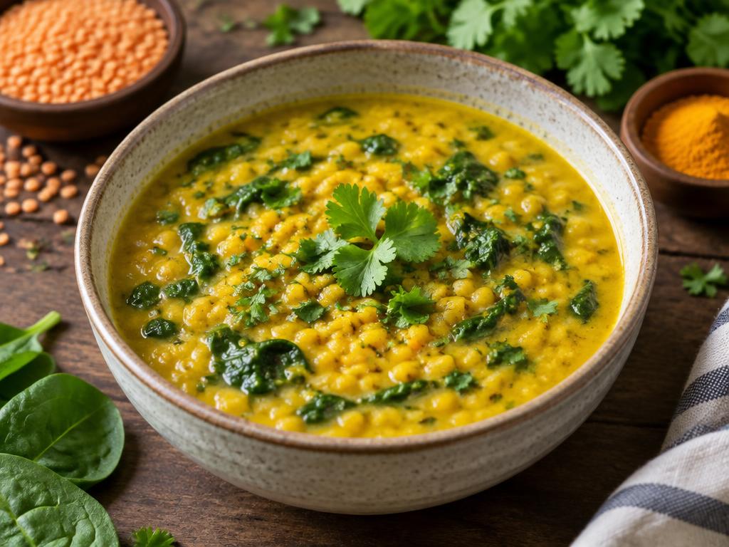 Dahl de Lentilles Corail aux Épinards — recette végétarienne à base de épinards, 6 ingrédients