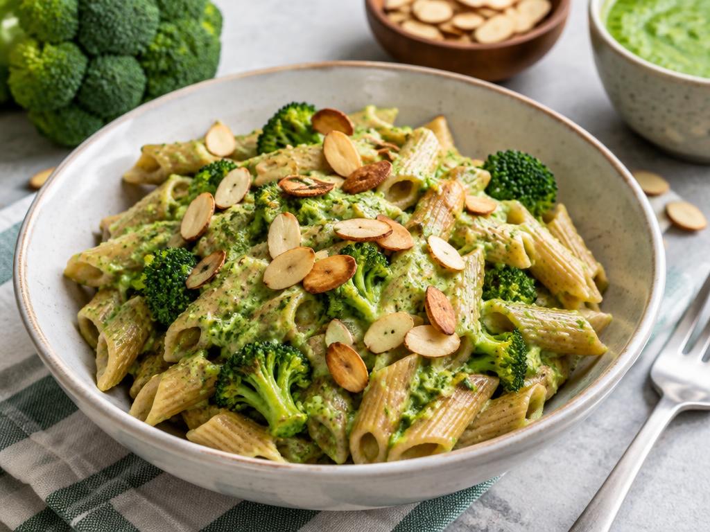 Pâtes Complètes, Sauce Brocoli & Amande — recette végétarienne à base de brocoli, 6 ingrédients