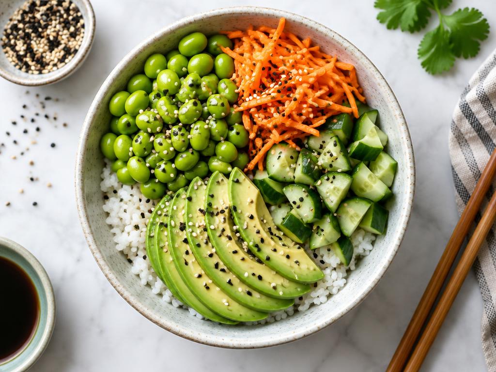 Poke Bowl Edamame, Carotte & Avocat — recette végétarienne à base de edamame, 6 ingrédients