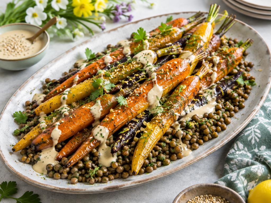 Carottes Nouvelles Rôties, Lentilles & Tahini — recette végétarienne à base de carotte, 5 ingrédients